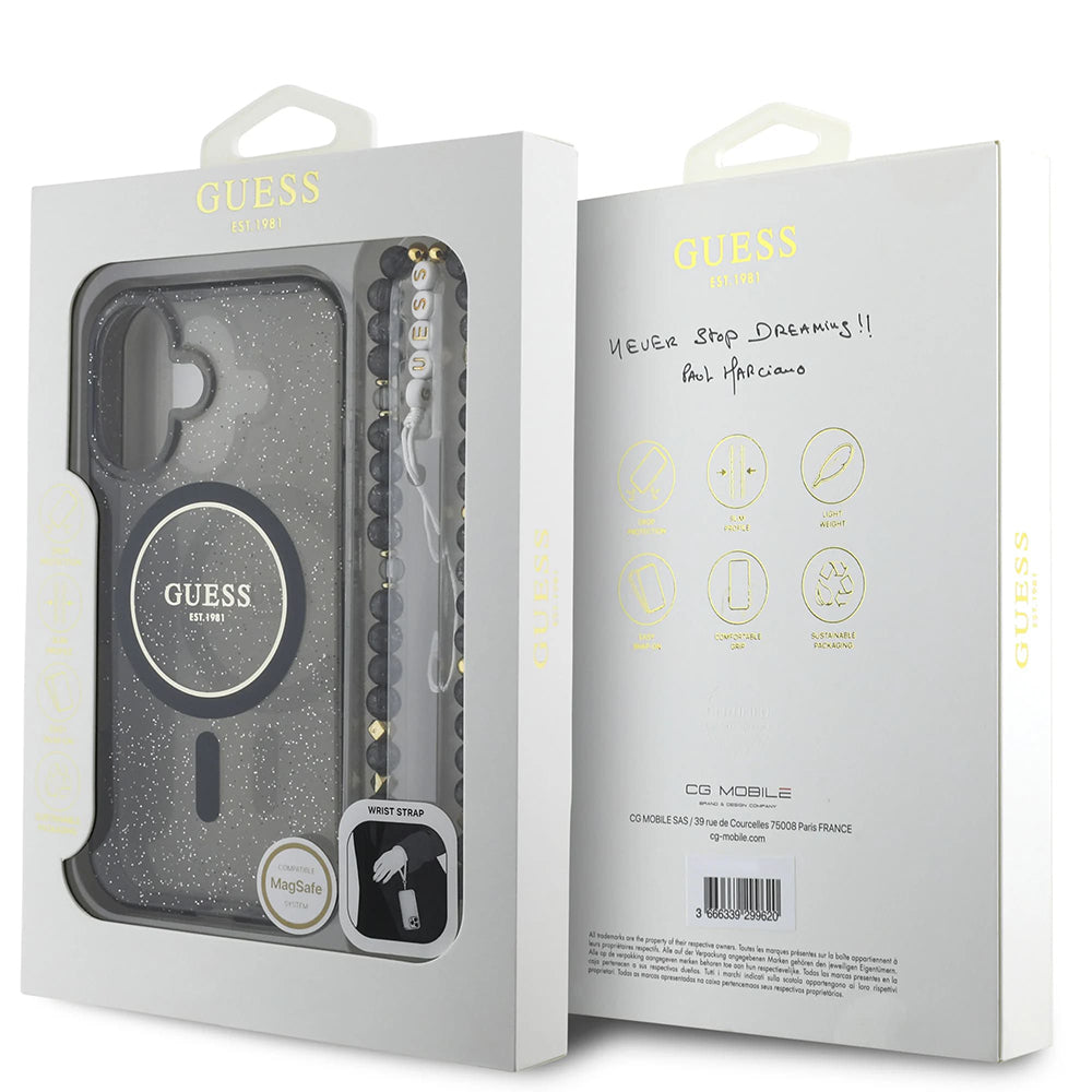 Husa MagSafe pentru Apple iPhone 16, Guess, IML Glitter with Pearl Strap, Neagra