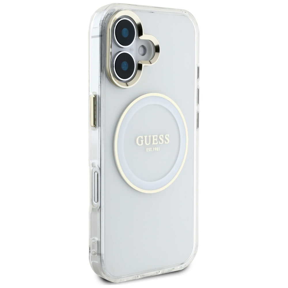 Husa MagSafe pentru Apple iPhone 16, Guess, IML Metal Colored Circle, Alba