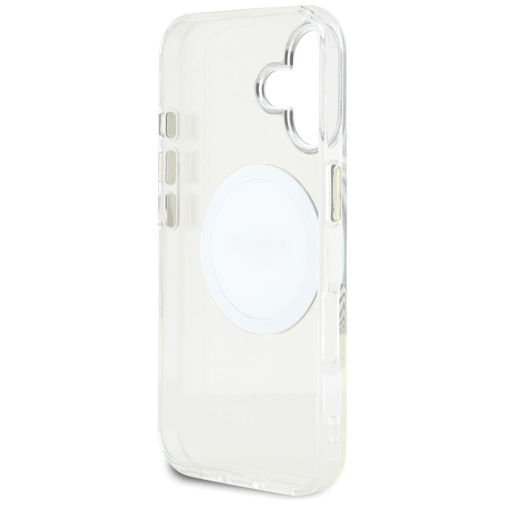 Husa MagSafe pentru Apple iPhone 16, Guess, IML Metal Colored Circle, Alba