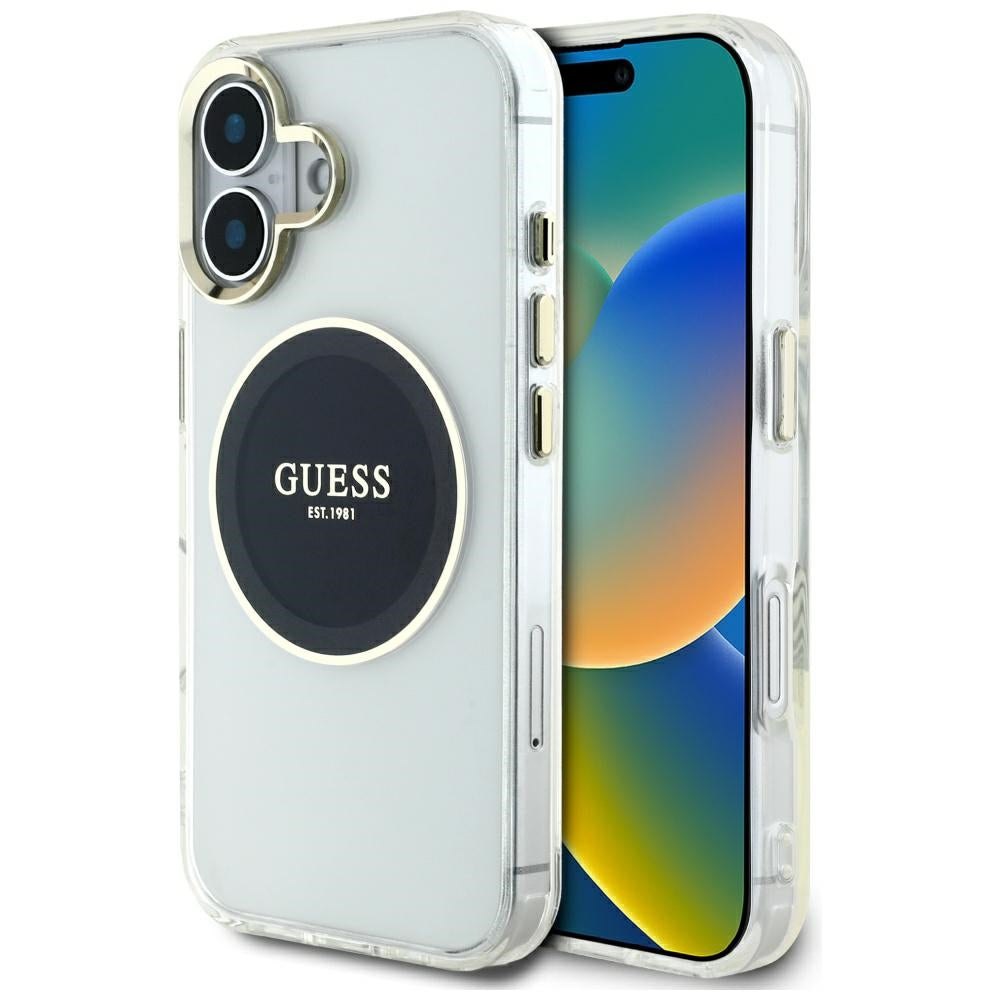 Husa MagSafe pentru Apple iPhone 16, Guess, IML Metal Colored Circle, Neagra