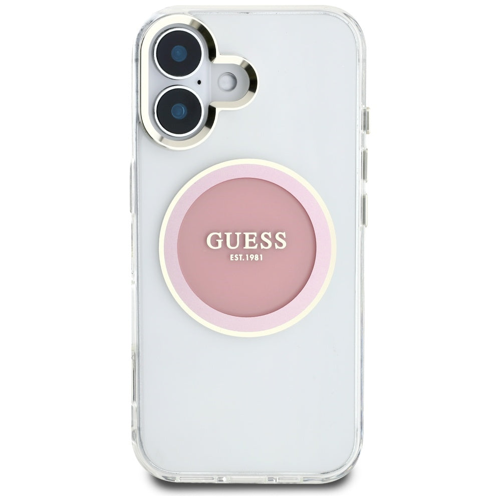 Husa MagSafe pentru Apple iPhone 16, Guess, IML Metal Colored Circle, Roz