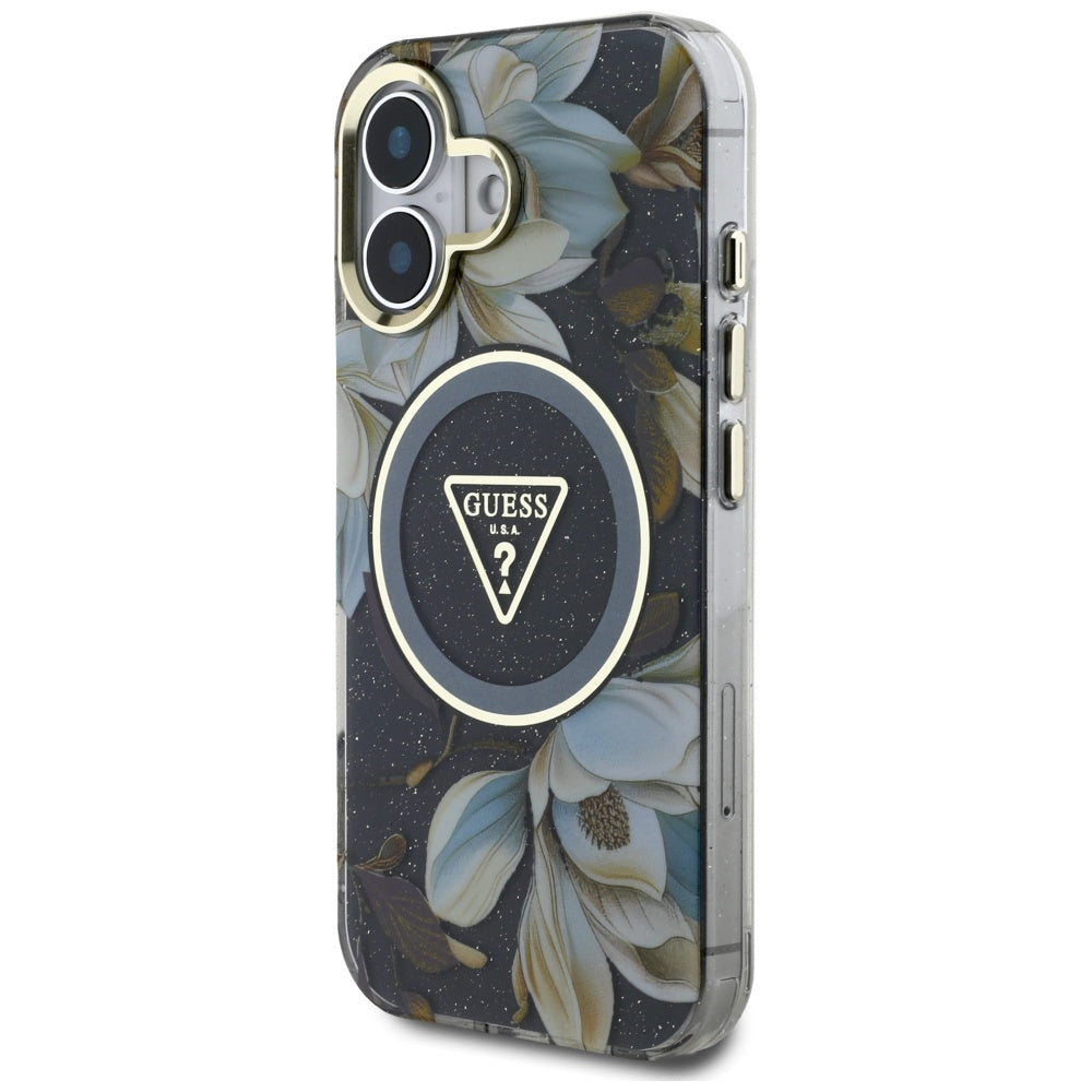 Husa MagSafe pentru Apple iPhone 16, Guess, IML Metal Glitter Flowers Triangle, Neagra
