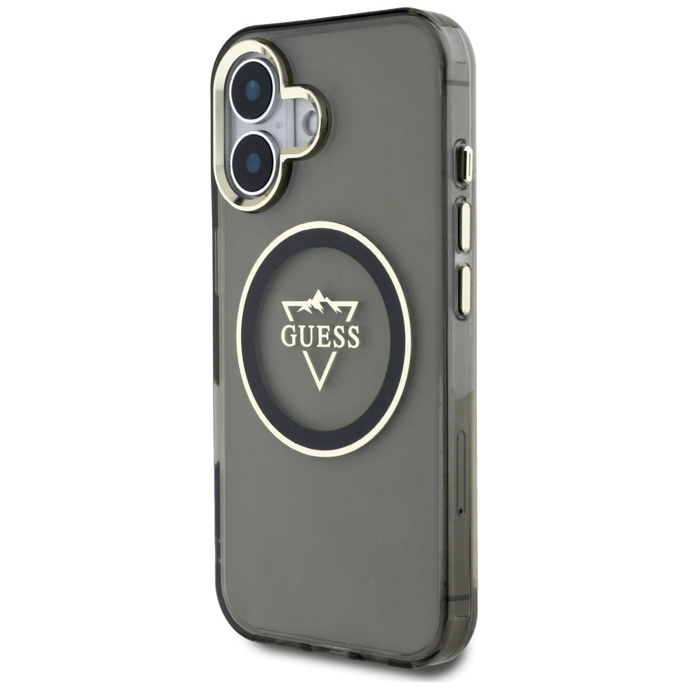Husa MagSafe pentru Apple iPhone 16, Guess, IML Metal Mountain Logo, Neagra