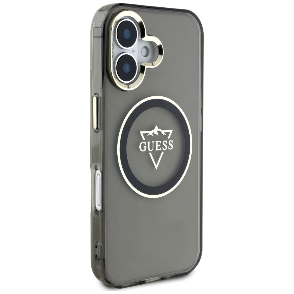 Husa MagSafe pentru Apple iPhone 16, Guess, IML Metal Mountain Logo, Neagra