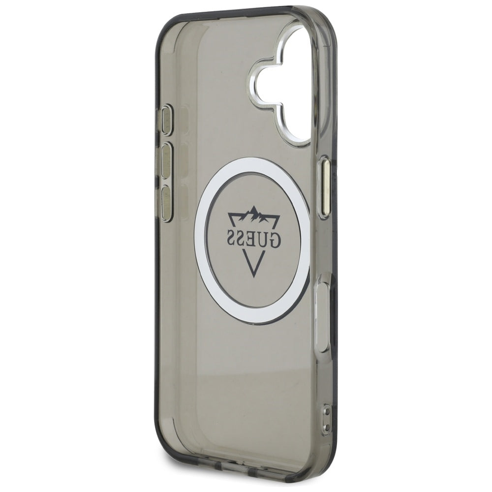 Husa MagSafe pentru Apple iPhone 16, Guess, IML Metal Mountain Logo, Neagra