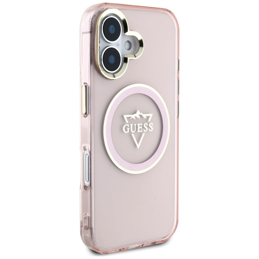 Husa MagSafe pentru Apple iPhone 16, Guess, IML Metal Mountain Logo, Roz