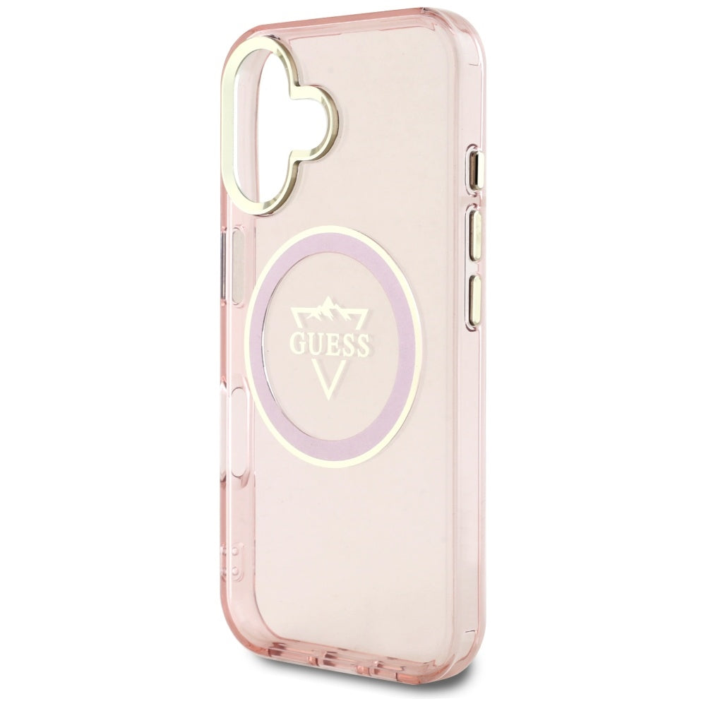 Husa MagSafe pentru Apple iPhone 16, Guess, IML Metal Mountain Logo, Roz