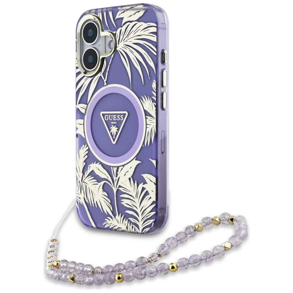 Husa MagSafe pentru Apple iPhone 16, Guess, IML Palm Trees Triangle with Pearl Strap, Mov