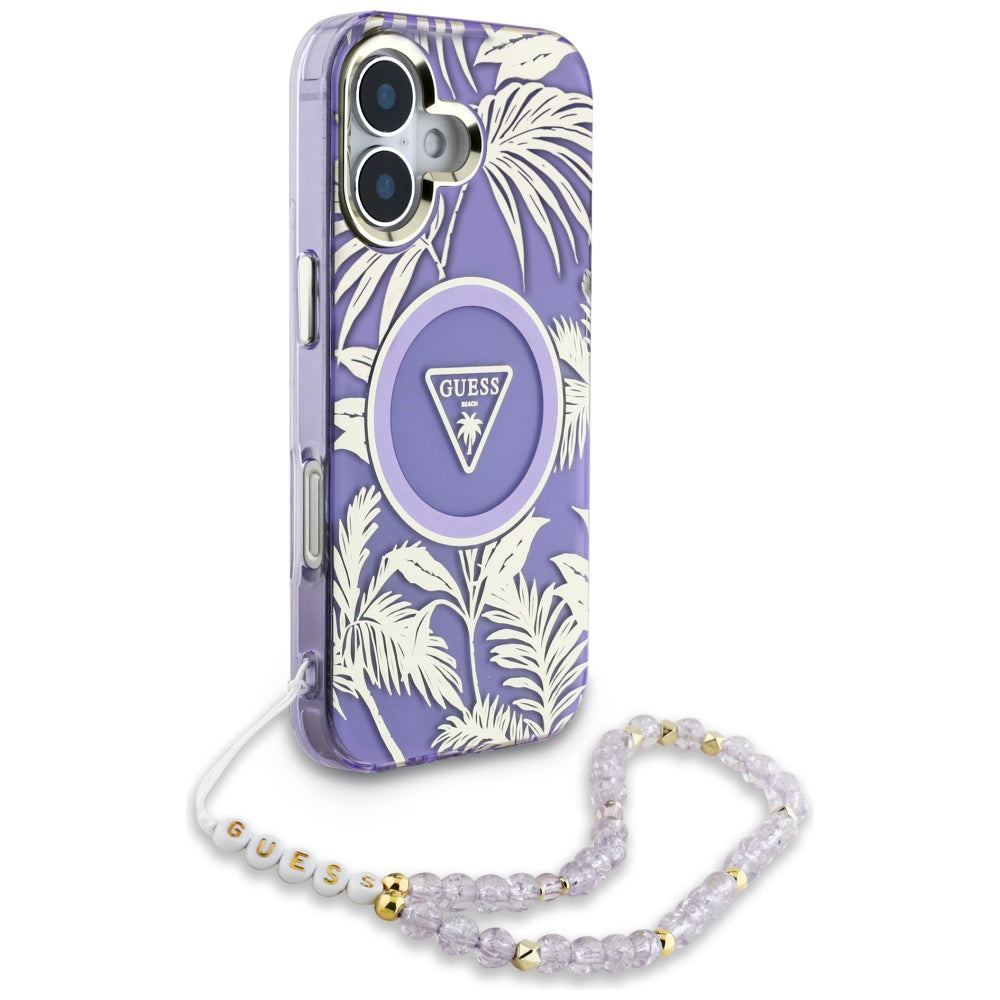 Husa MagSafe pentru Apple iPhone 16, Guess, IML Palm Trees Triangle with Pearl Strap, Mov