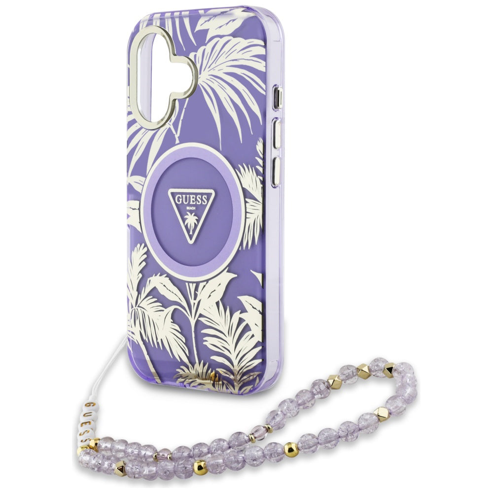 Husa MagSafe pentru Apple iPhone 16, Guess, IML Palm Trees Triangle with Pearl Strap, Mov