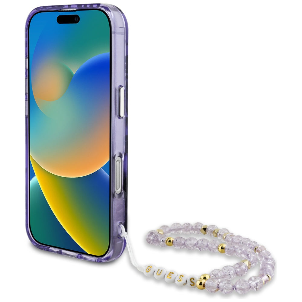 Husa MagSafe pentru Apple iPhone 16, Guess, IML Palm Trees Triangle with Pearl Strap, Mov