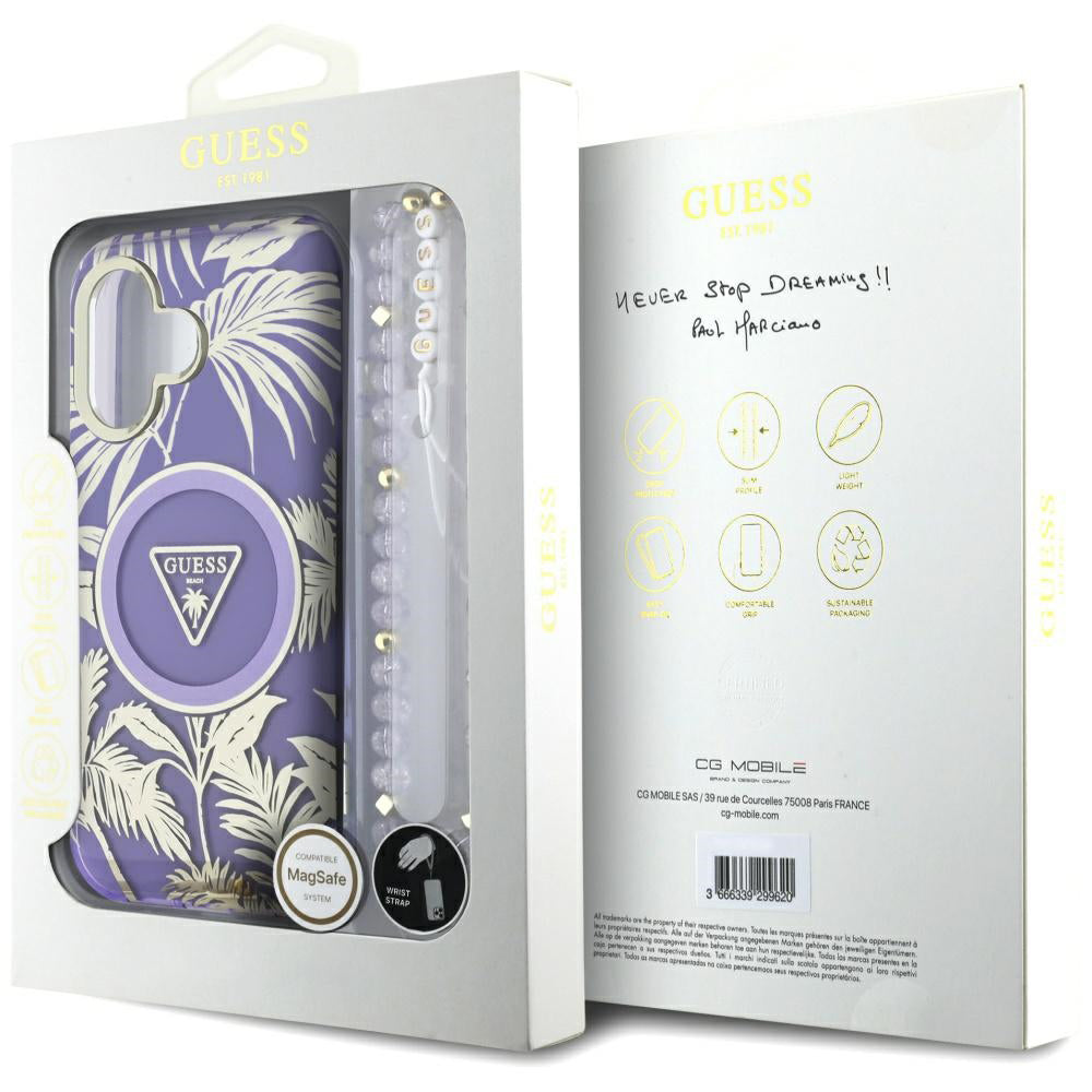 Husa MagSafe pentru Apple iPhone 16, Guess, IML Palm Trees Triangle with Pearl Strap, Mov