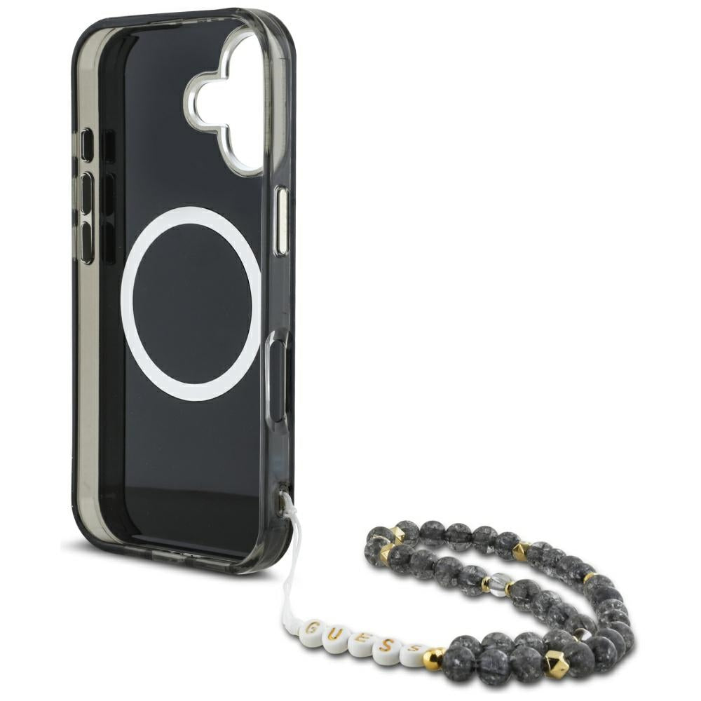 Husa MagSafe pentru Apple iPhone 16, Guess, IML Palm Trees Triangle with Pearl Strap, Neagra