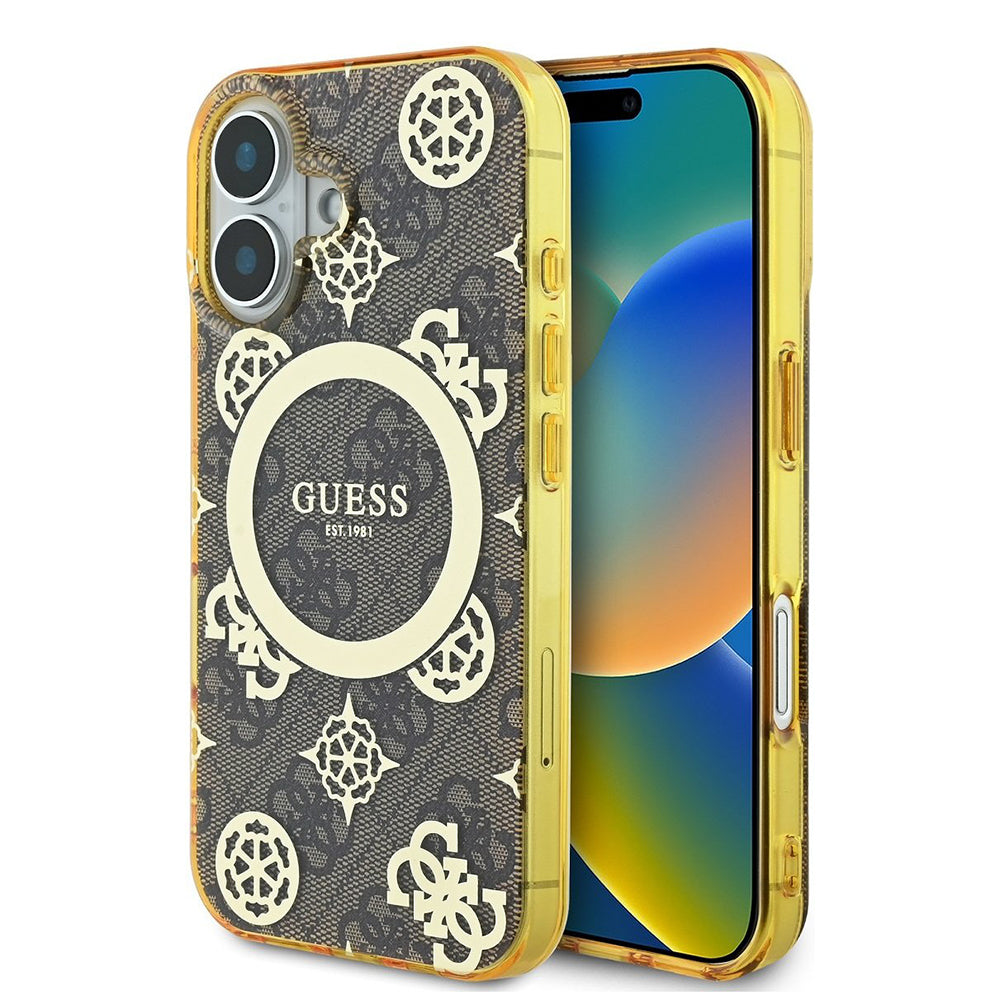 Husa MagSafe pentru Apple iPhone 16, Guess, IML Peony On 4G Background, Maro