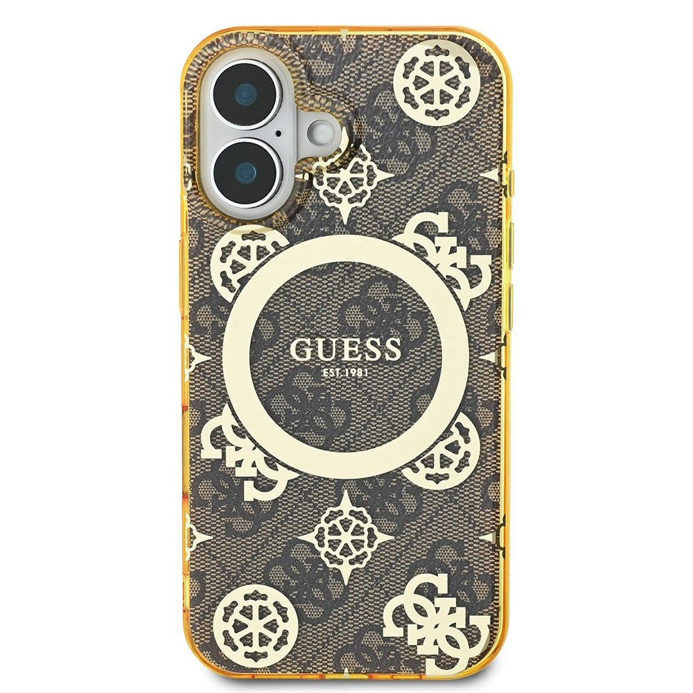 Husa MagSafe pentru Apple iPhone 16, Guess, IML Peony On 4G Background, Maro