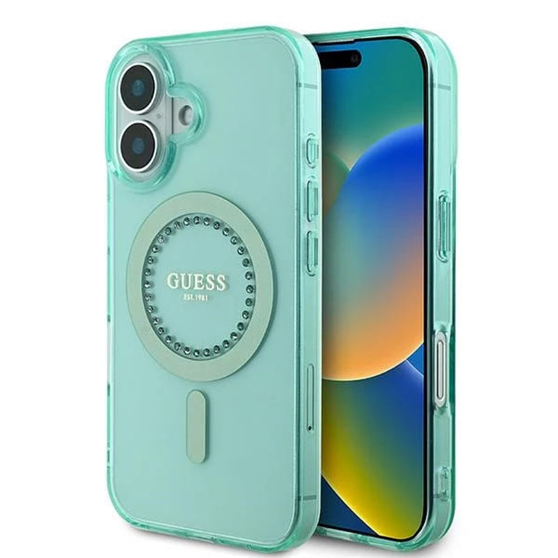 Husa MagSafe pentru Apple iPhone 16, Guess, IML Rhinestone, Verde