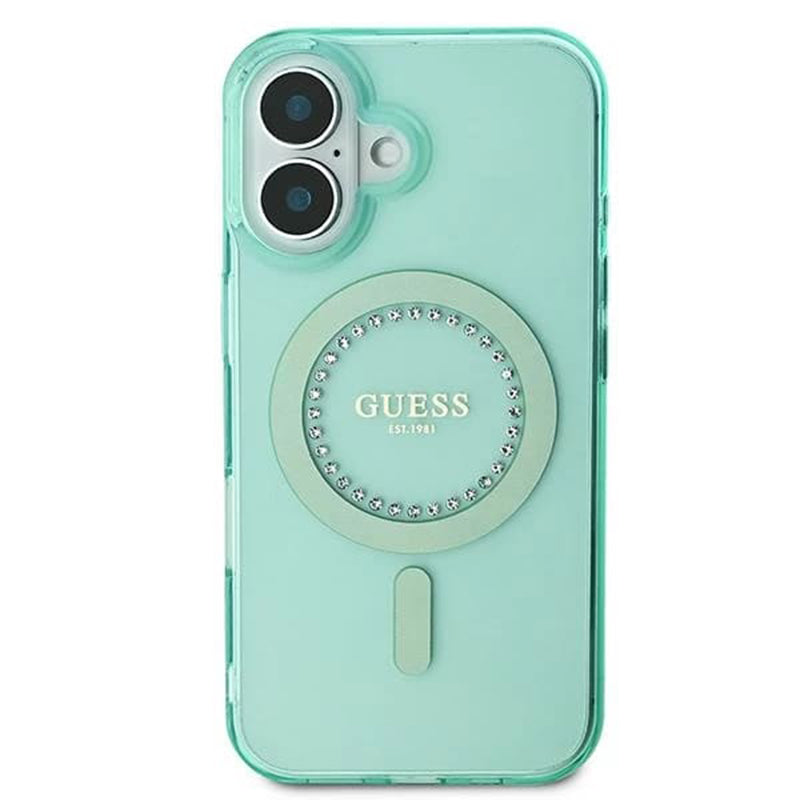Husa MagSafe pentru Apple iPhone 16, Guess, IML Rhinestone, Verde