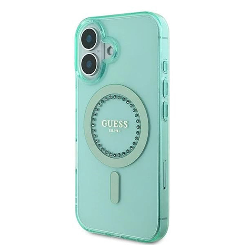 Husa MagSafe pentru Apple iPhone 16, Guess, IML Rhinestone, Verde