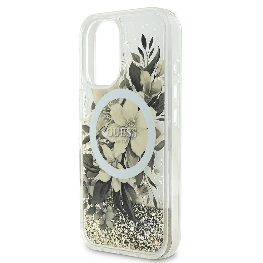Husa MagSafe pentru Apple iPhone 16, Guess, Liquid Glitter Flower, Roz