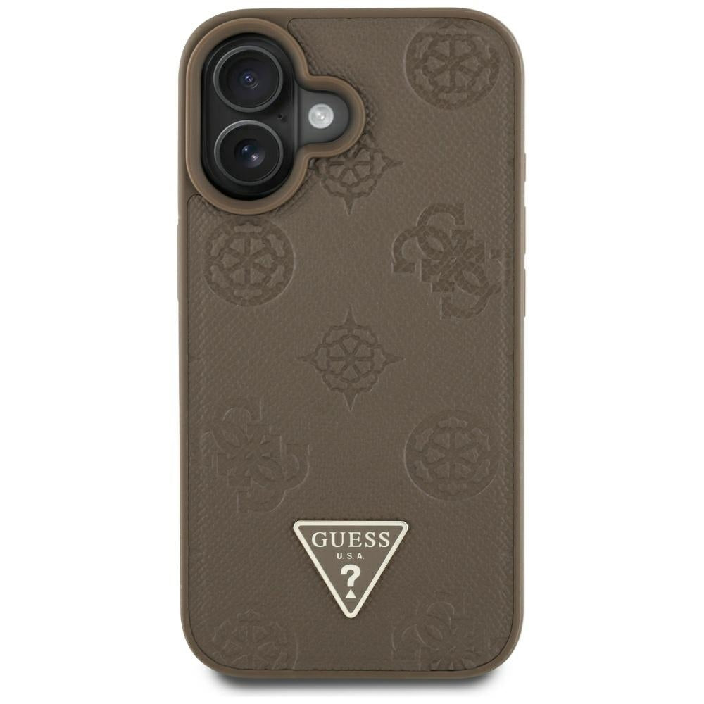 Husa MagSafe pentru Apple iPhone 16, Guess, Peony Grained Hot Stamp Triangle, Maro