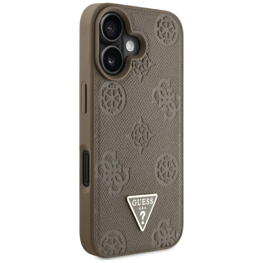 Husa MagSafe pentru Apple iPhone 16, Guess, Peony Grained Hot Stamp Triangle, Maro