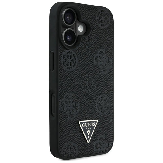 Husa MagSafe pentru Apple iPhone 16, Guess, Peony Grained Hot Stamp Triangle, Neagra