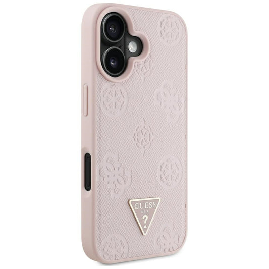 Husa MagSafe pentru Apple iPhone 16, Guess, Peony Grained Hot Stamp Triangle, Roz
