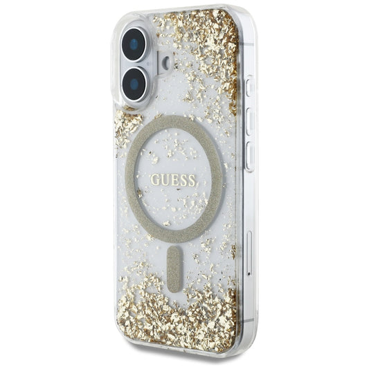 Husa MagSafe pentru Apple iPhone 16, Guess, Resin Bottom Glitter, Aurie