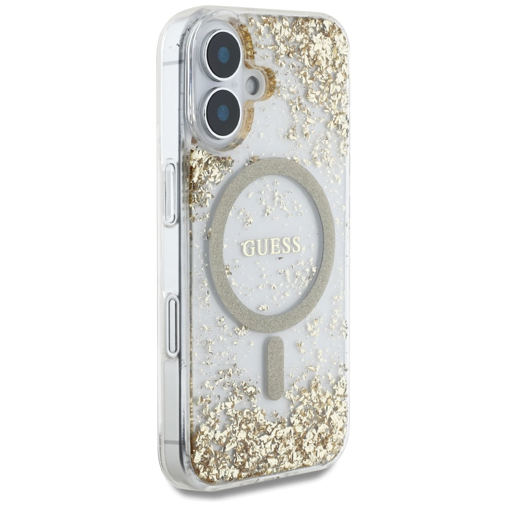 Husa MagSafe pentru Apple iPhone 16, Guess, Resin Bottom Glitter, Aurie