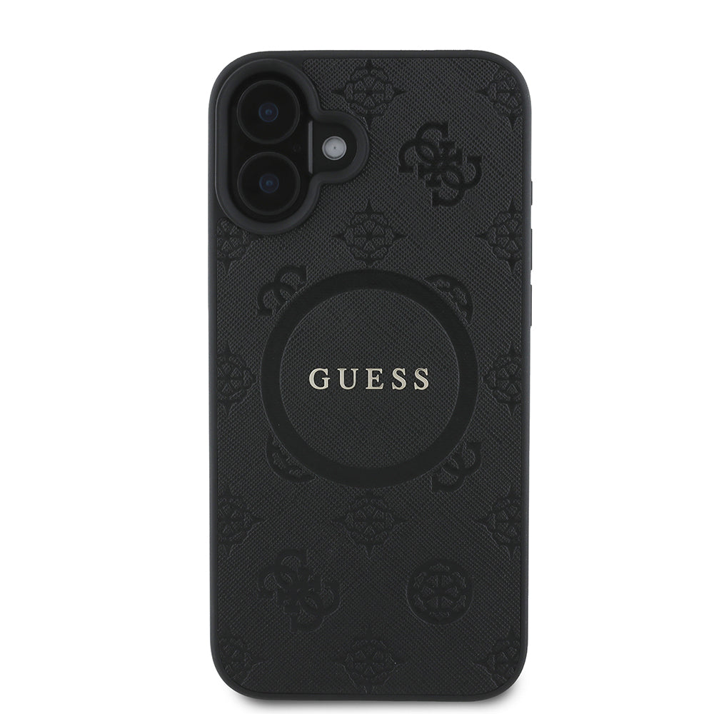 Husa MagSafe pentru Apple iPhone 16, Guess, Saffiano Peony Classic Logo, Neagra