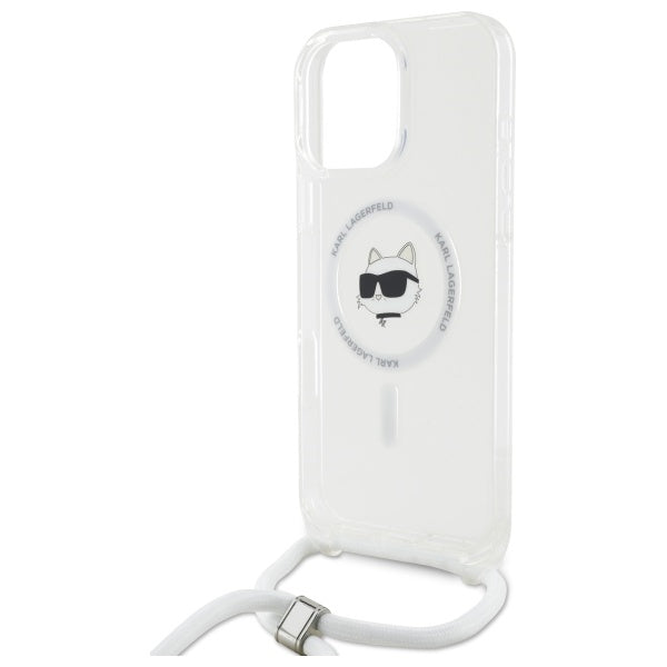 Husa MagSafe pentru Apple iPhone 16, Karl Lagerfeld, IML Crossbody Choupette's Head with Strap, Transparenta