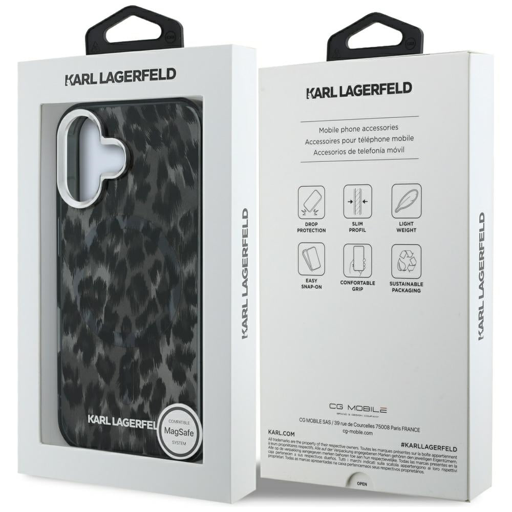 Husa MagSafe pentru Apple iPhone 16, Karl Lagerfeld, IML Leopard Pattern, Neagra