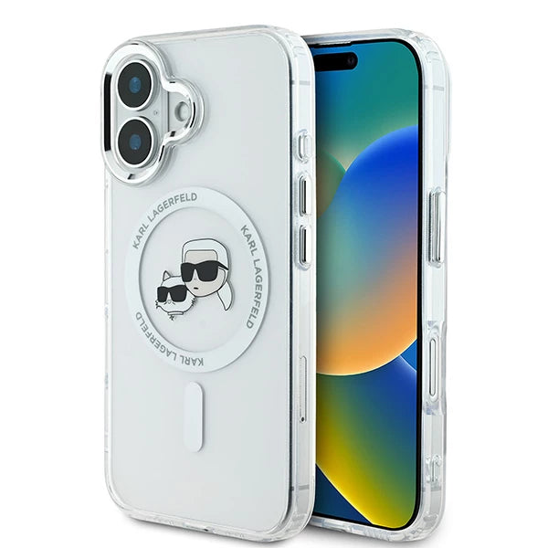 Husa MagSafe pentru Apple iPhone 16, Karl Lagerfeld, IML Metal Karl & Choupette's Heads, Alba