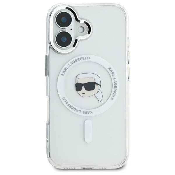 Husa MagSafe pentru Apple iPhone 16, Karl Lagerfeld, IML Metal Karl's Head, Alba