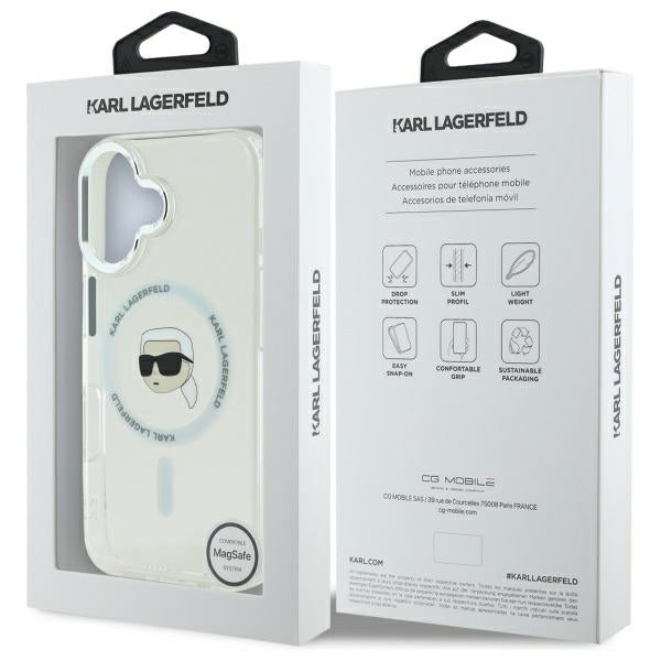 Husa MagSafe pentru Apple iPhone 16, Karl Lagerfeld, IML Metal Karl's Head, Alba
