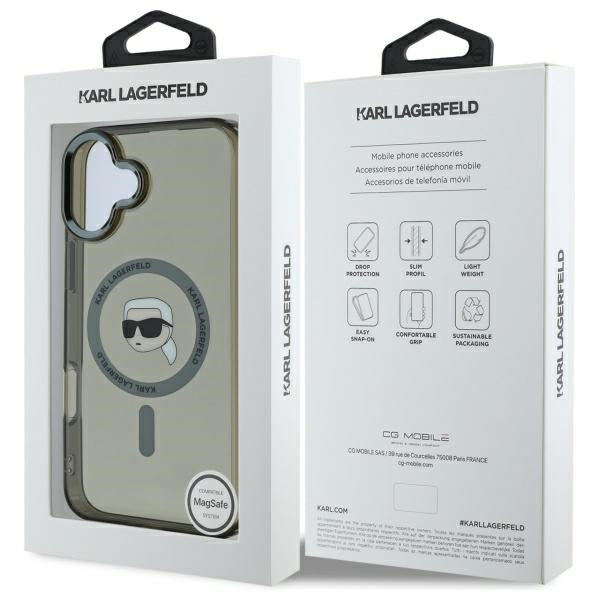 Husa MagSafe pentru Apple iPhone 16, Karl Lagerfeld, IML Metal Karl's Head, Neagra