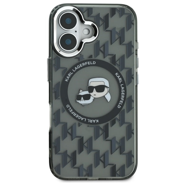 Husa MagSafe pentru Apple iPhone 16, Karl Lagerfeld, IML Monogram Karl & Choupette's Heads, Neagra