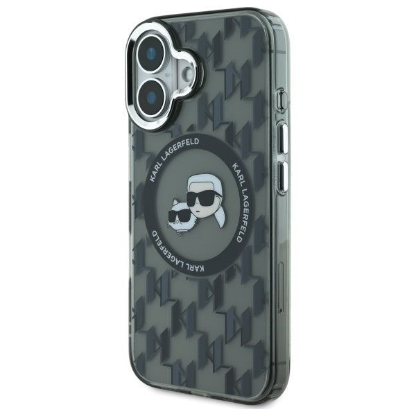 Husa MagSafe pentru Apple iPhone 16, Karl Lagerfeld, IML Monogram Karl & Choupette's Heads, Neagra