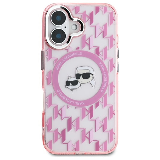 Husa MagSafe pentru Apple iPhone 16, Karl Lagerfeld, IML Monogram Karl & Choupette's Heads, Roz