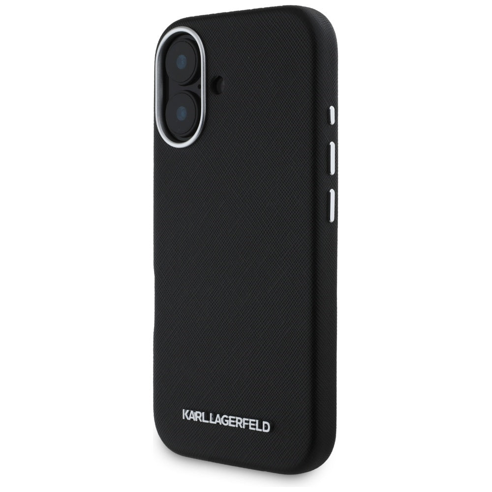 Husa MagSafe pentru Apple iPhone 16, Karl Lagerfeld, Saffiano Full Wrapped Elongated Metal Logo, Neagra