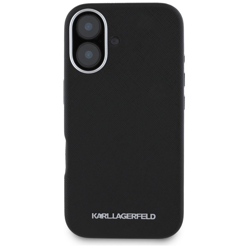 Husa MagSafe pentru Apple iPhone 16, Karl Lagerfeld, Saffiano Full Wrapped Elongated Metal Logo, Neagra