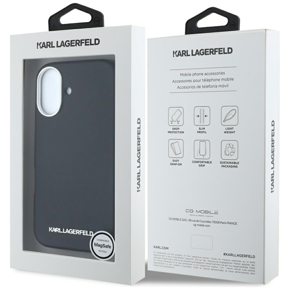 Husa MagSafe pentru Apple iPhone 16, Karl Lagerfeld, Saffiano Full Wrapped Elongated Metal Logo, Neagra