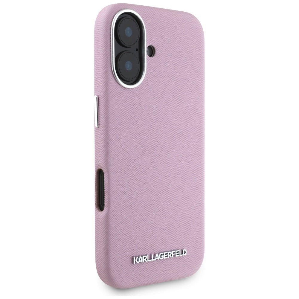 Husa MagSafe pentru Apple iPhone 16, Karl Lagerfeld, Saffiano Full Wrapped Elongated Metal Logo, Roz