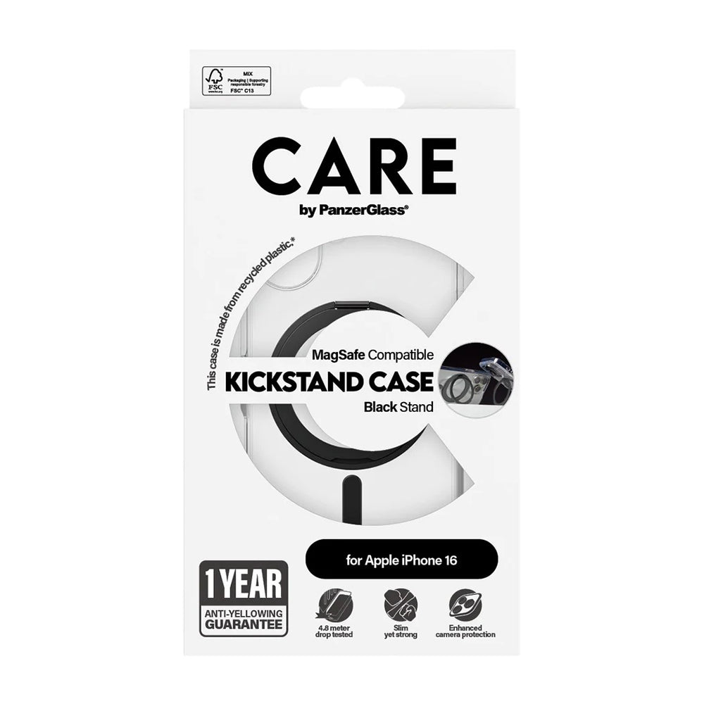 Husa MagSafe pentru Apple iPhone 16, PanzerGlass, Care Feature Kickstand, Transparenta Neagra