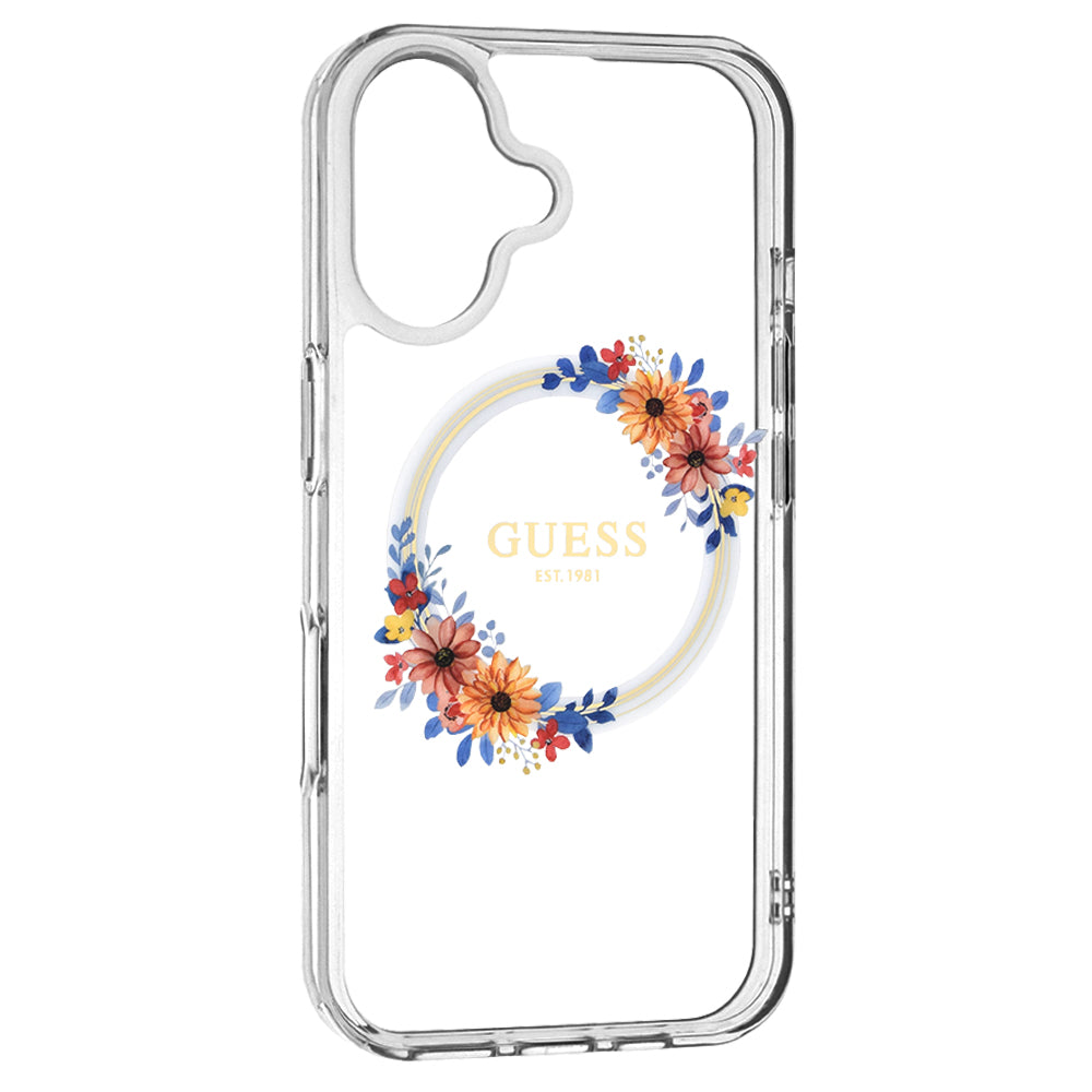 Husa MagSafe pentru Apple iPhone 16 Plus, Guess, IML Flowers Wreath, Transparenta