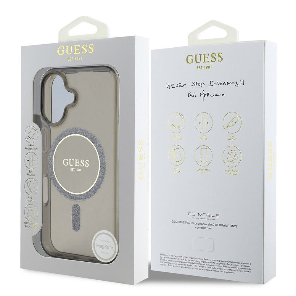 Husa MagSafe pentru Apple iPhone 16 Plus, Guess, IML Glitter Circle, Neagra