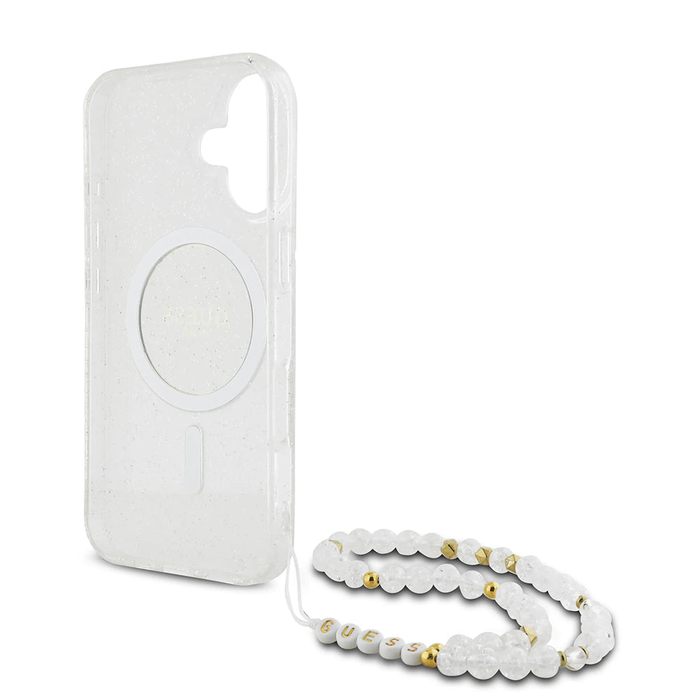 Husa MagSafe pentru Apple iPhone 16 Plus, Guess, IML Glitter with Pearl Strap, Transparenta