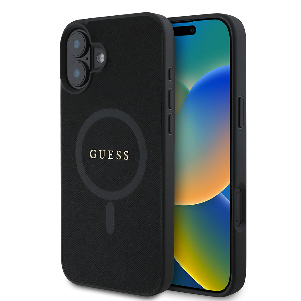 Husa MagSafe pentru Apple iPhone 16 Plus, Guess, Saffiano Classic Logo, Neagra