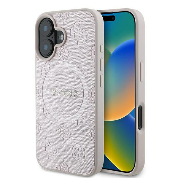Husa MagSafe pentru Apple iPhone 16 Plus, Guess, Saffiano Peony Classic Logo, Roz