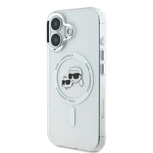 Husa MagSafe pentru Apple iPhone 16 Plus, Karl Lagerfeld, IML Metal Karl & Choupette's Heads, Alba